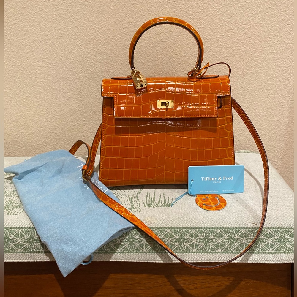 Tiffany & Fred Paris Orange Crocodile-Embossed Handbag